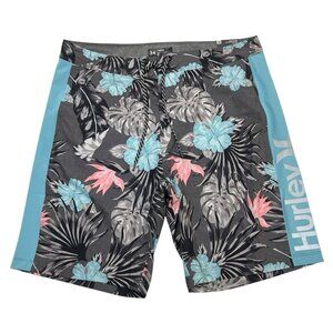Hurley Board Shorts Mens 34 Gray Floral Tropical Swim Drawstring Reflective 9.5"